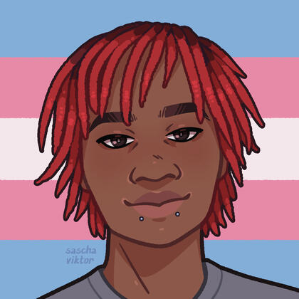 icon drawing of a Black person with the trans flag as background